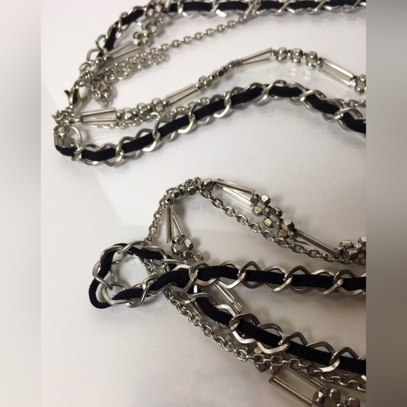 Multi-strand Silver Tone & Black Suede Ribbon Chain Necklace 37” - Picture 6 of 8